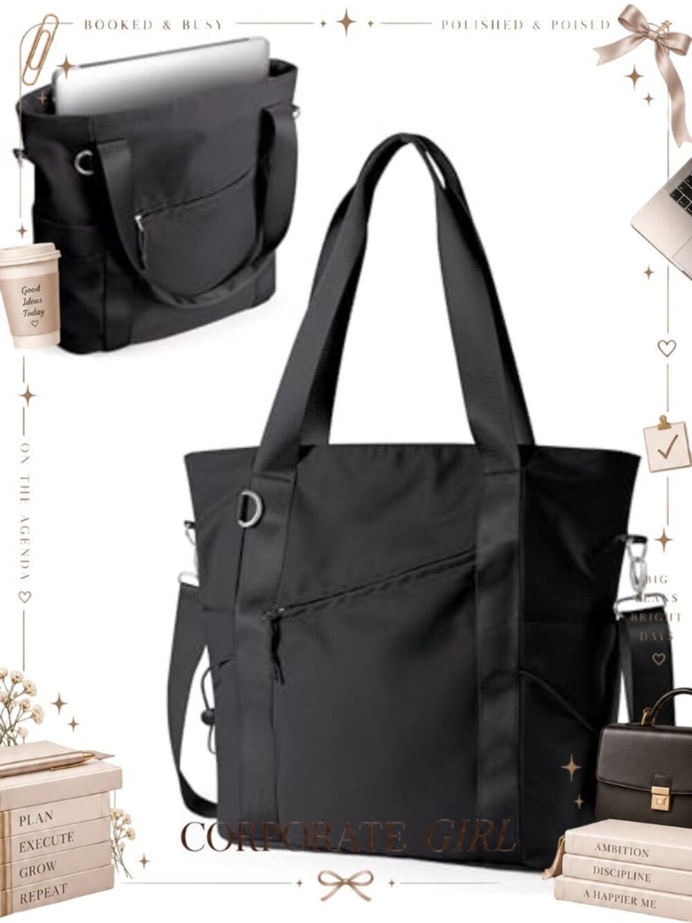Lightweight Water Repellent Polyester Tote Bag with Laptop Sleeve